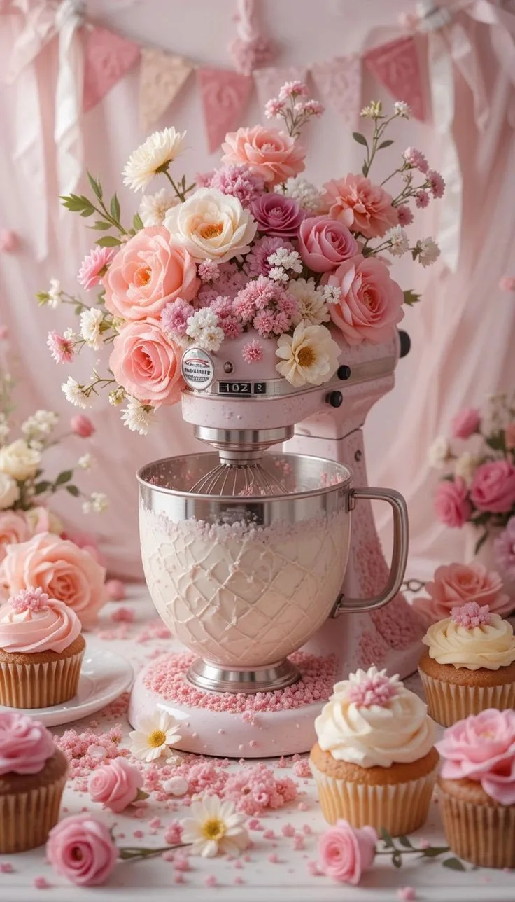 Pink mixer decorated with flowers and cupcakes